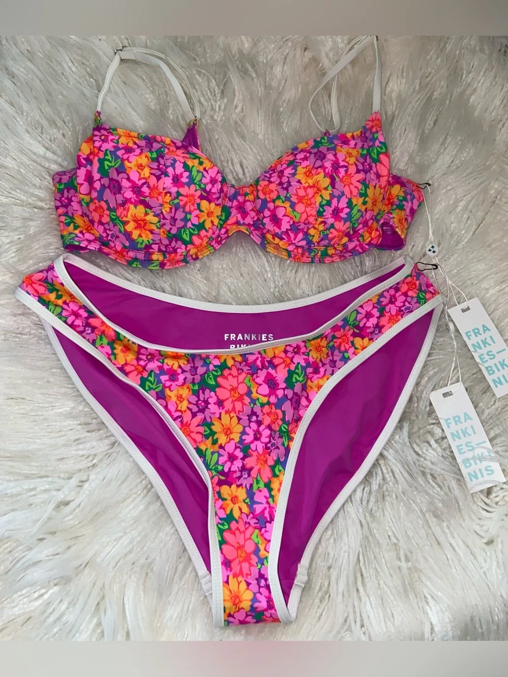 Frankie's Bikinis Pink Floral Underwire Bikini Set, bottom L -Top M